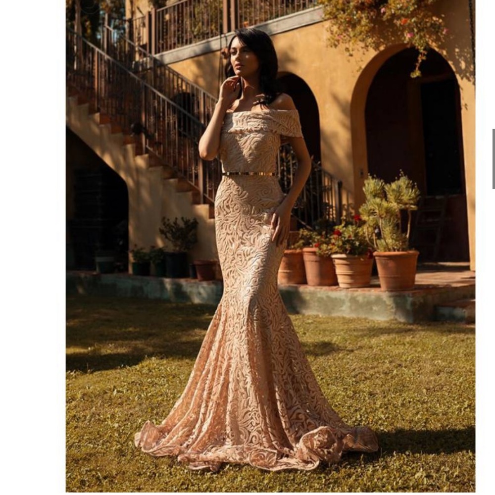 Blush/tan off shoulder gown Nicole Bakti